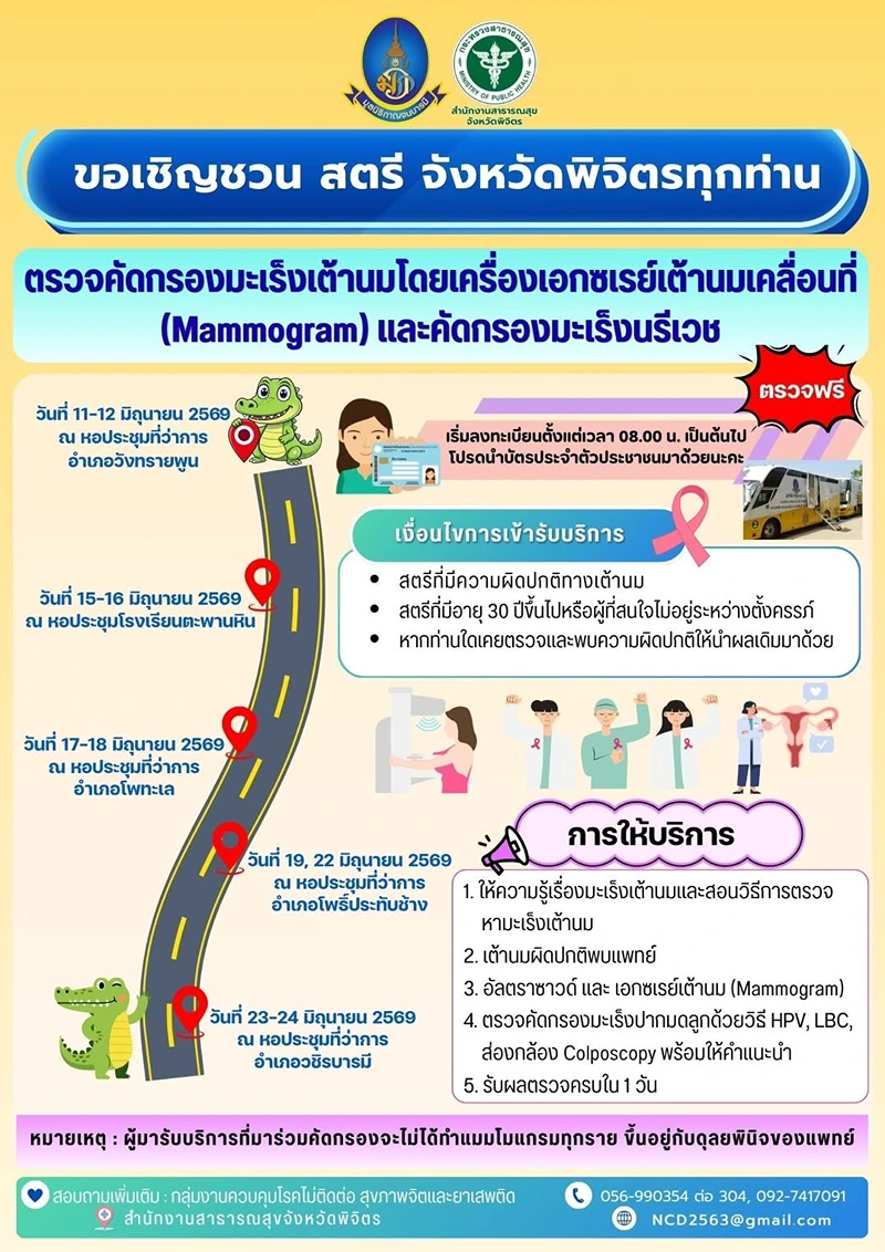 11-24 มิถุนายน 69 มูลนิธิกาญจนบารมี ออกหน่วย จ.พิจิตร (5 อำเภอ) ตรวจคัดกรองมะเร็งเต้านม ข่าวสารบริการสุขภาพในจังหวัดพิจิตร