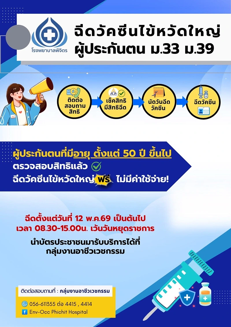 โรงพยาบาลพิจิตร ประกาศเริ่มแล้ว ฉีดวัคซีนไข้หวัดใหญ่ ฟรี ประกันสังคม ประจำปี 2569  ข่าวสารบริการสุขภาพในจังหวัดพิจิตร