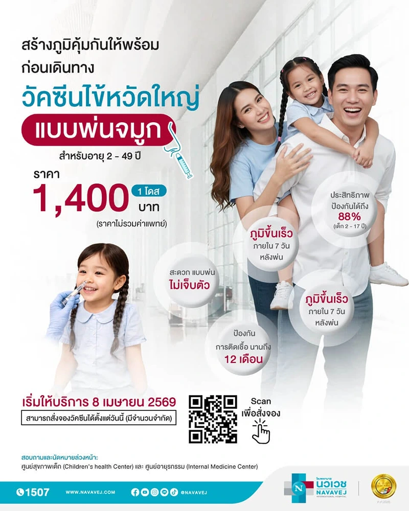 โรงพยาบาลนวเวช ให้บริการวัคซีนไข้หวัดใหญ่แบบพ่นจมูก (อายุ 2 - 49 ปี) ค่าบริการ วัคซีนไข้หวัดใหญ่ แบบพ่นจมูก รพ.เอกชน (2569)