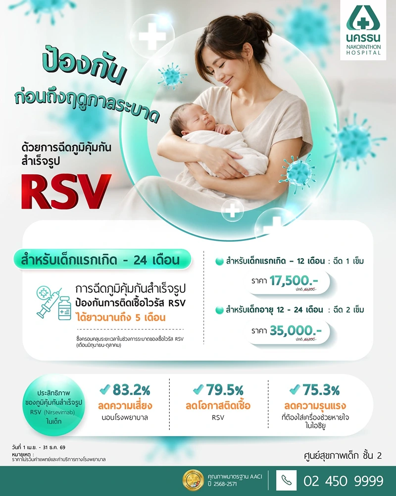 โรงพยาบาลนครธน ภูมิคุ้มกันสำเร็จรูป RSV เด็กแรกเกิด - 12 - 24 เดือน ค่าบริการ วัคซีน​RSV สำหรับเด็กและผู้สูงอายุ รพ.เอกชน (ปี2569)