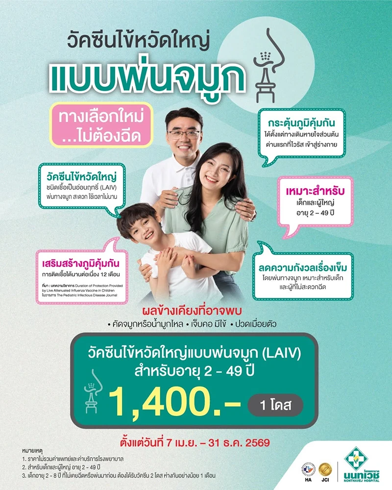 โรงพยาบาลนนทเวช วัคซีนไข้หวัดใหญ่ แบบพ่นจมูก ค่าบริการ วัคซีนไข้หวัดใหญ่ แบบพ่นจมูก รพ.เอกชน (2569)
