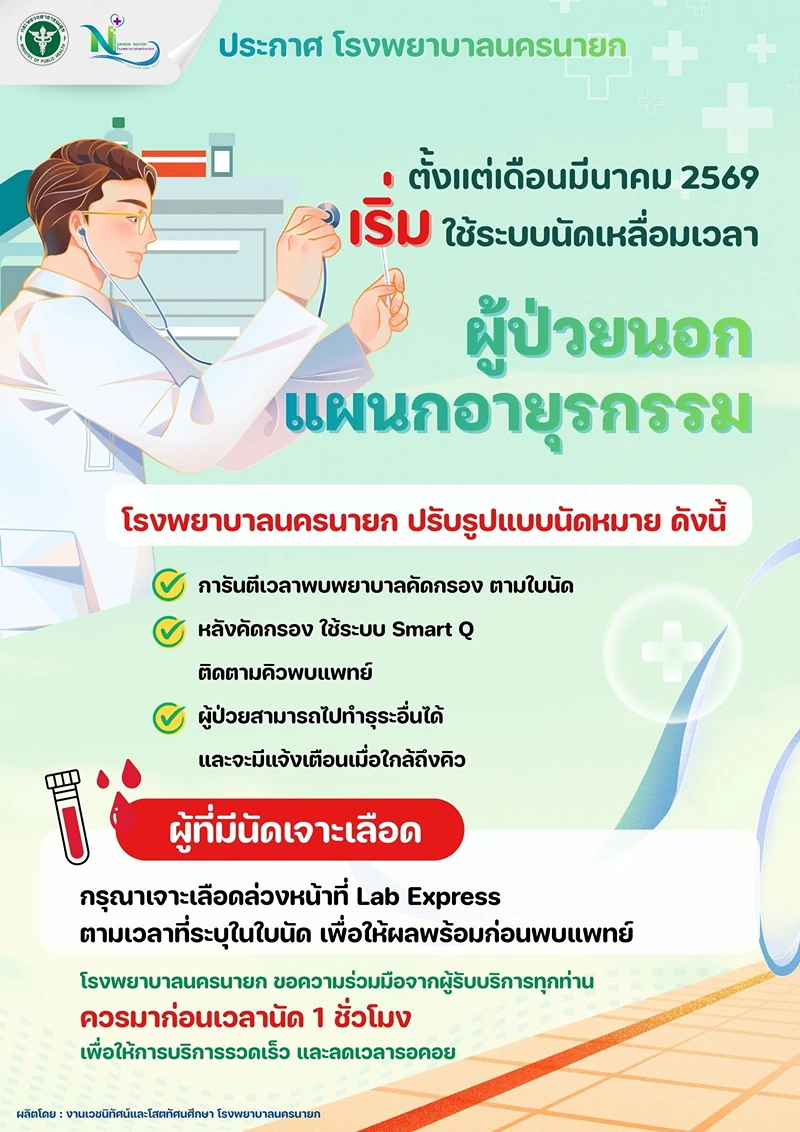ผู้ป่วยนอกแผนกอายุรกรรม เริ่มใช้ ระบบนัดเหลื่อมเวลา รพ.นครนายก : บริการตรวจรักษาผู้ป่วยนอก - ศูนย์สุขภาพโลตัสเปิดแล้ว