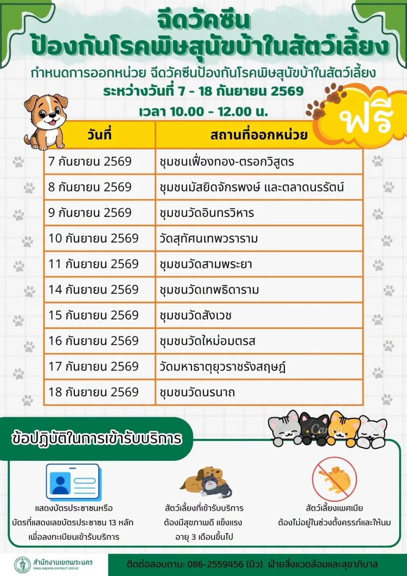 7-18 กันยายน เขตพระนคร 50เขต กทม. ฉีดวัคซีนหมาแมวป้องกันพิษสุนัขบ้า ฟรี (กันยายน 2569)