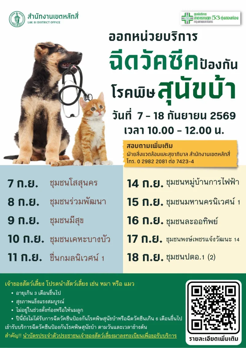 7–18 กันยายน 69 เขตหลักสี่ ศูนย์บริการสาธารณสุข 53 ทุ่งสองห้อง 50เขต กทม. ฉีดวัคซีนหมาแมวป้องกันพิษสุนัขบ้า ฟรี (กันยายน 2569)