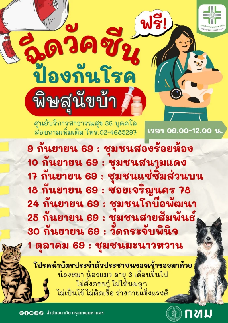 9-30 กันยายน และ 1 ตุลาคม 69 เขตธนบุรี ร่วมกับศูนย์ฯ 36 บุคคโล 50เขต กทม. ฉีดวัคซีนหมาแมวป้องกันพิษสุนัขบ้า ฟรี (กันยายน 2569)