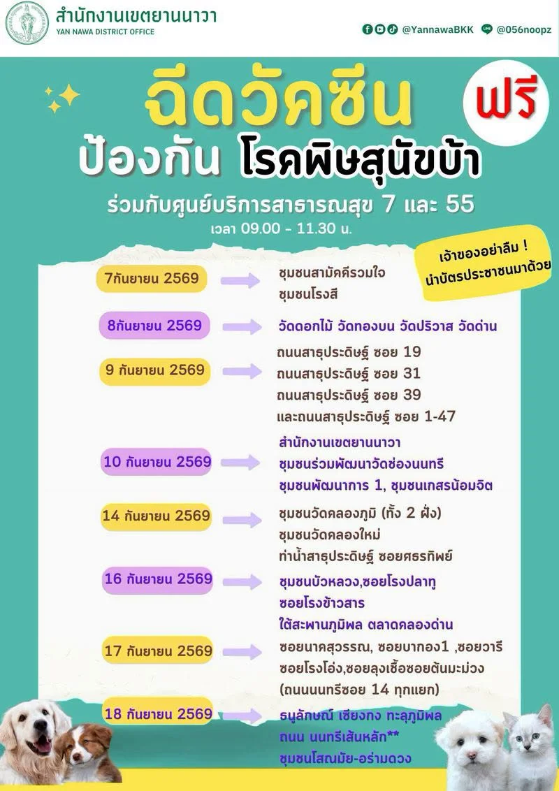 7–18 กย 69 เขตยานนาวาร่วมกับ ศูนย์บริการสาธารณสุข 7 บุญมี ปุรุราชรังสรรค์และศูนย์บริการสาธารณสุข 55 เตชะสัมพันธ์ 50เขต กทม. ฉีดวัคซีนหมาแมวป้องกันพิษสุนัขบ้า ฟรี (กันยายน 2569)