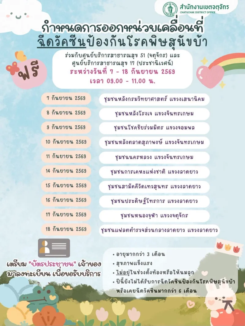 7-18 กย 69  เขตจตุจักร ร่วมกับศูนย์บริการสาธารณสุข 17 ประชานิเวศน์ และ ศูนย์บริการสาธารณสุข 51 จตุจักร 50เขต กทม. ฉีดวัคซีนหมาแมวป้องกันพิษสุนัขบ้า ฟรี (กันยายน 2569)