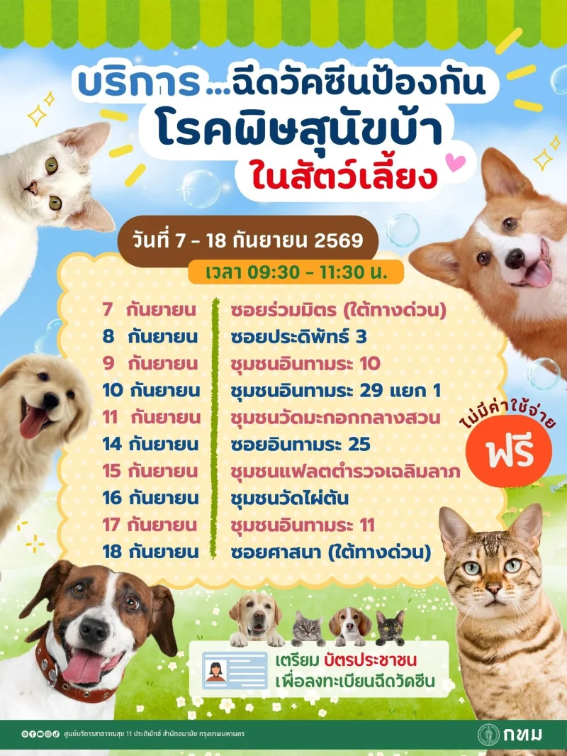 7-18 กย 69  เขตพญาไท ร่วมกับ ศูนย์บริการสาธารณสุข 11 ประดิพัทธ์ 50เขต กทม. ฉีดวัคซีนหมาแมวป้องกันพิษสุนัขบ้า ฟรี (กันยายน 2569)