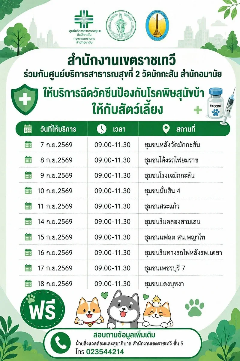 7–18 กย 69 เขตราชเทวี ร่วมกับ ศูนย์บริการสาธารณสุข2 วัดมักกะสัน 50เขต กทม. ฉีดวัคซีนหมาแมวป้องกันพิษสุนัขบ้า ฟรี (กันยายน 2569)