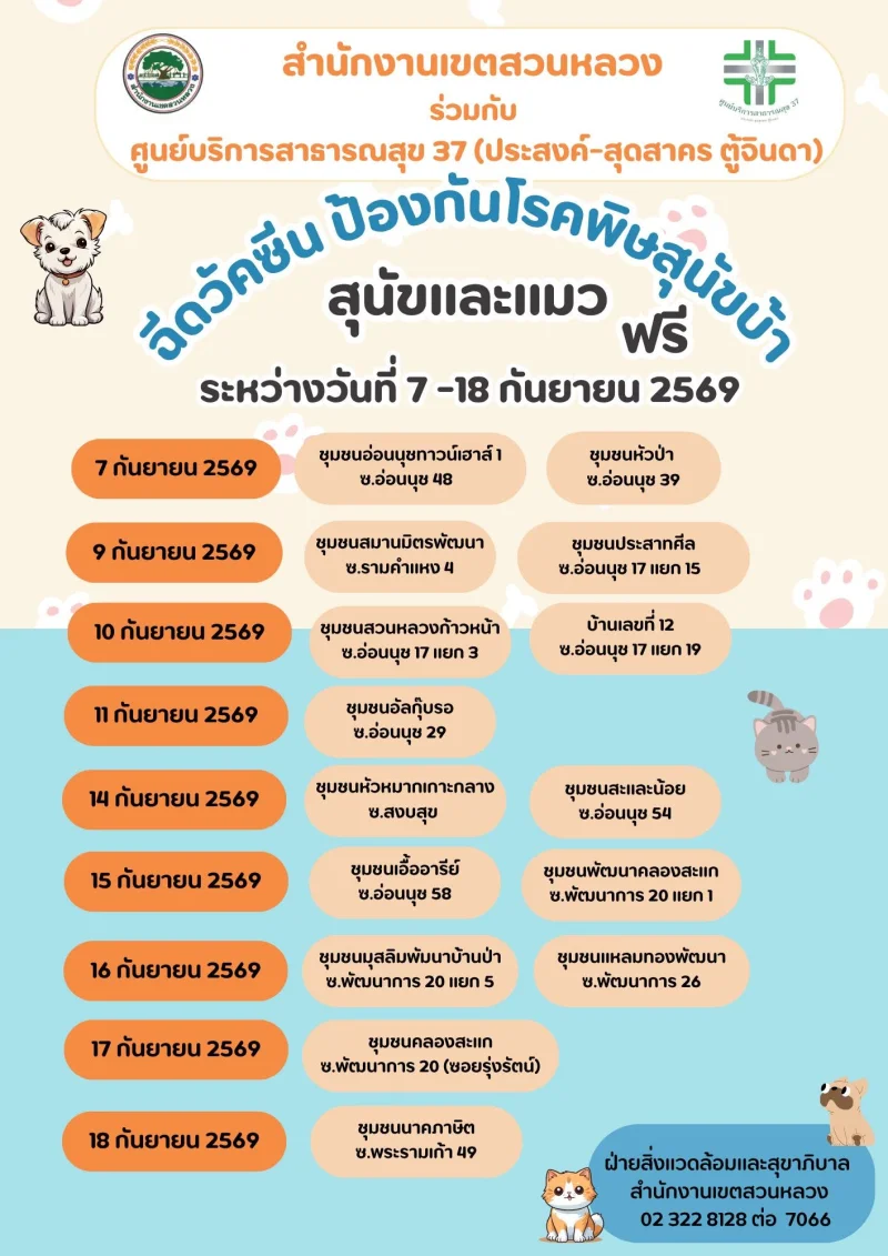 7-18 กย 69 เขตสวนหลวงร่วมกับศูนย์บริการสาธารณสุข 37 50เขต กทม. ฉีดวัคซีนหมาแมวป้องกันพิษสุนัขบ้า ฟรี (กันยายน 2569)