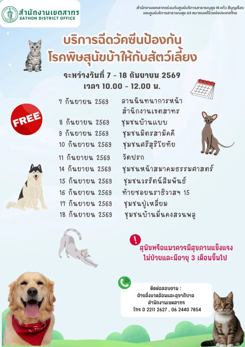 7–18 กย 69 เขตสาทร จัดหน่วยเคลื่อนที่ 10 จุด/ชุมชน 50เขต กทม. ฉีดวัคซีนหมาแมวป้องกันพิษสุนัขบ้า ฟรี (กันยายน 2569)