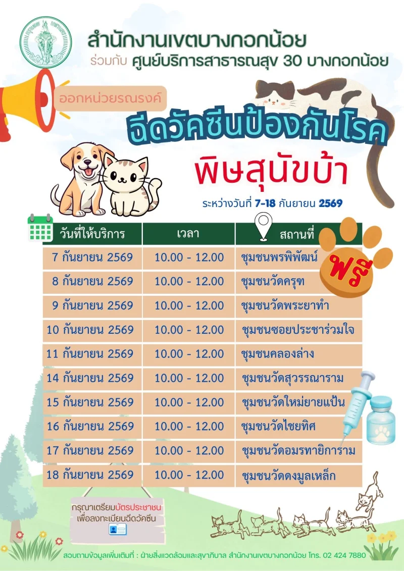 7-18 กันยา เขตบางกอกน้อย ร่วมกับ ศูนย์บริการสาธารณสุข 30 50เขต กทม. ฉีดวัคซีนหมาแมวป้องกันพิษสุนัขบ้า ฟรี (กันยายน 2569)