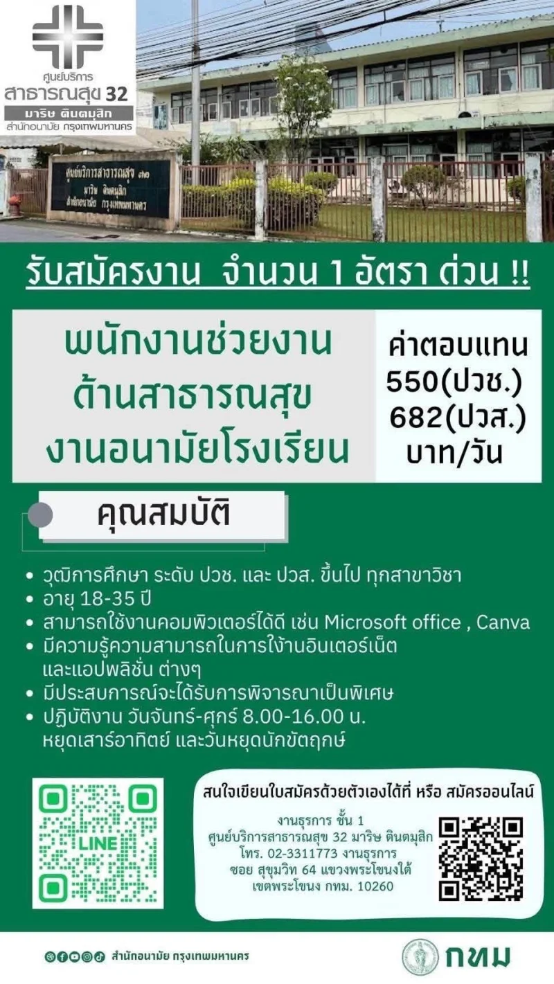 ศูนย์บริการสาธารณสุข 32 เปิดรับสมัคร  บุคลากร รวมประกาศสมัครงานจาก รพ.กทม และ 69ศูนย์บริการสาธารณสุข