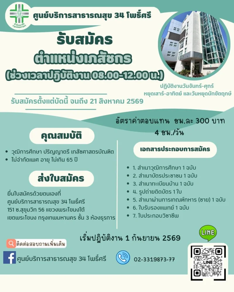 ศูนย์บริการสาธารณสุข 34 โพธิ์ศรี รับสมัครงาน เภสัชกร 1 ตำแหน่ง รวมประกาศสมัครงานจาก รพ.กทม และ 69ศูนย์บริการสาธารณสุข