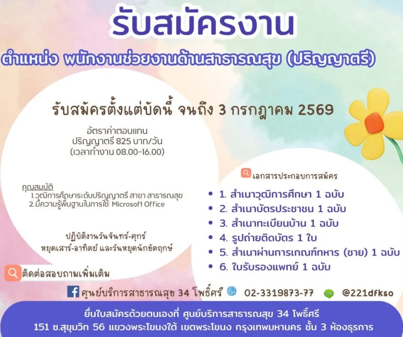 ศูนย์บริการสาธารณสุข 34 โพธิ์ศรี เขตพระโขนง  รับสมัครงานบุคคลภายนอกช่วยปฎิบัติงานราชการ รวมประกาศสมัครงานจาก รพ.กทม และ 69ศูนย์บริการสาธารณสุข
