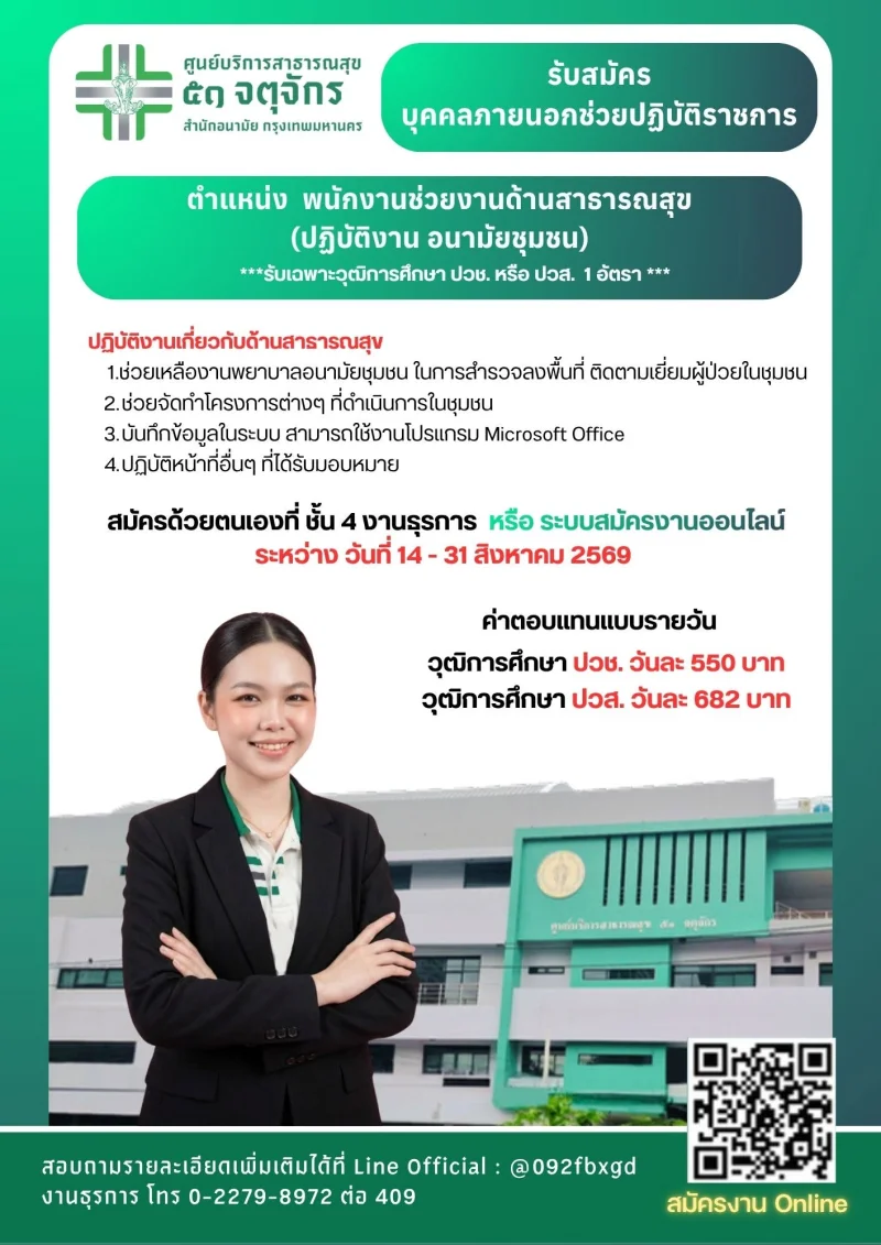 ศูนย์บริการสาธารณสุข 51 จตุจักร รับสมัครบุคคลภายนอกช่วยงานราชการ รวมประกาศสมัครงานจาก รพ.กทม และ 69ศูนย์บริการสาธารณสุข