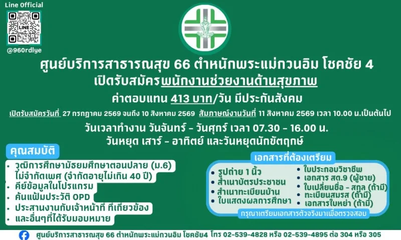 ศูนย์บริการสาธารณสุข 66 ตำหนักพระแม่กวนอิม โชคชัย 4 ประกาศรับสมัครงาน รวมประกาศสมัครงานจาก รพ.กทม และ 69ศูนย์บริการสาธารณสุข