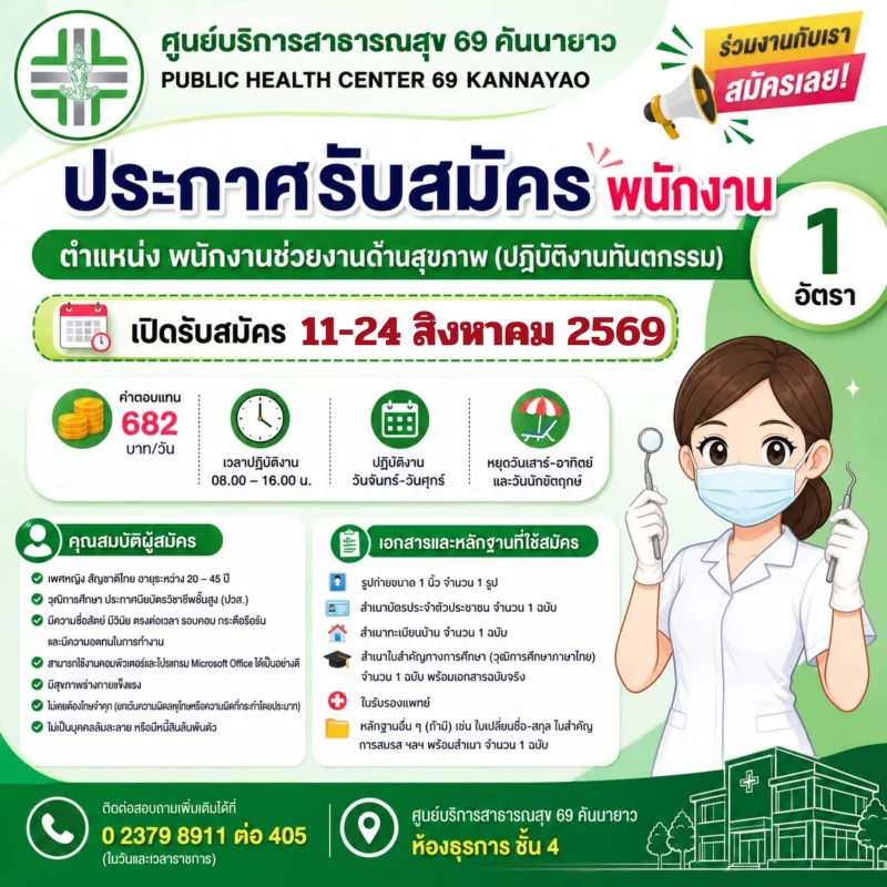ศูนย์บริการสาธารณสุข 69 คันนายาว  ประกาศรับสมัครบุคคลภายนอกช่วยปฏิบัติราชการ รวมประกาศสมัครงานจาก รพ.กทม และ 69ศูนย์บริการสาธารณสุข