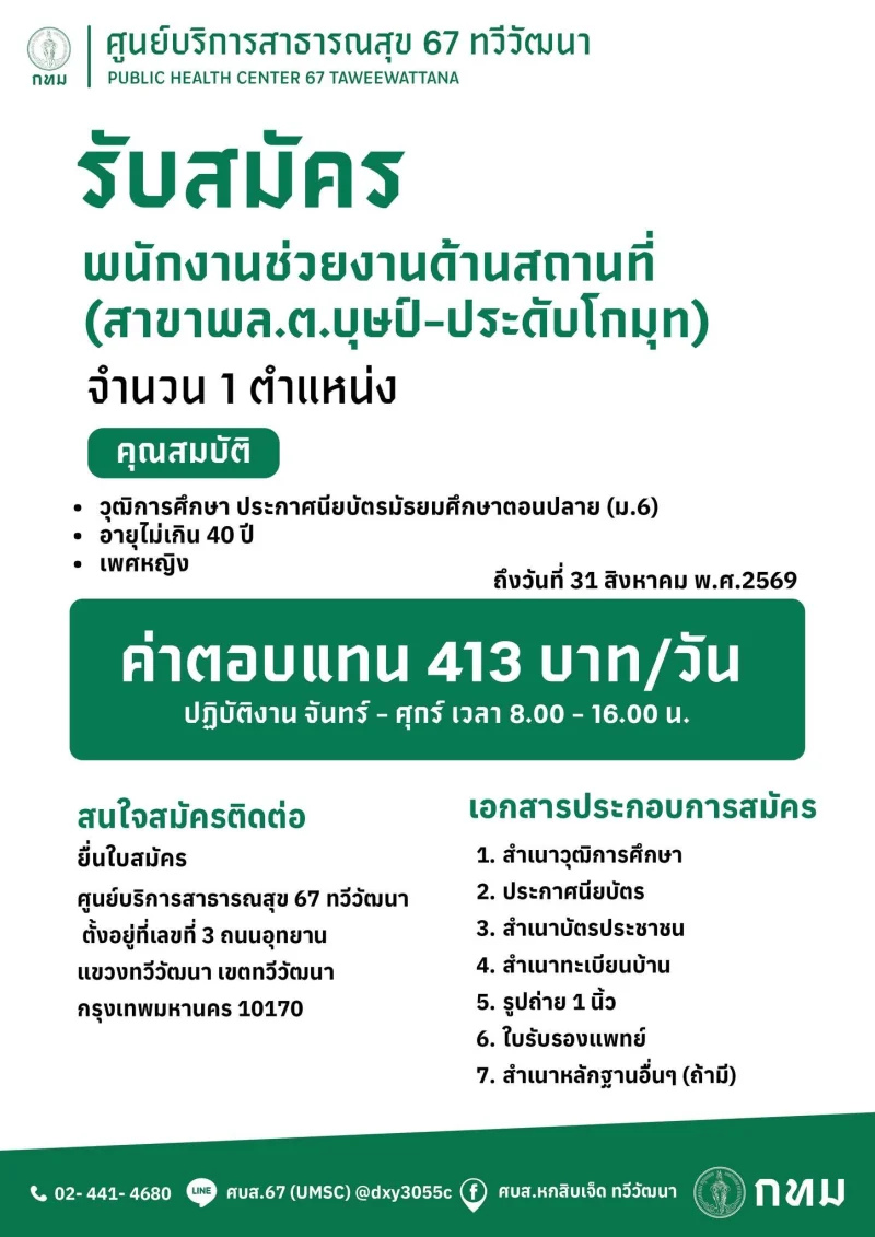 ศูนย์บริการสาธารณสุข 67 ทวีวัฒนา เปิดรับสมัครงาน 1 ตำแหน่ง รวมประกาศสมัครงานจาก รพ.กทม และ 69ศูนย์บริการสาธารณสุข