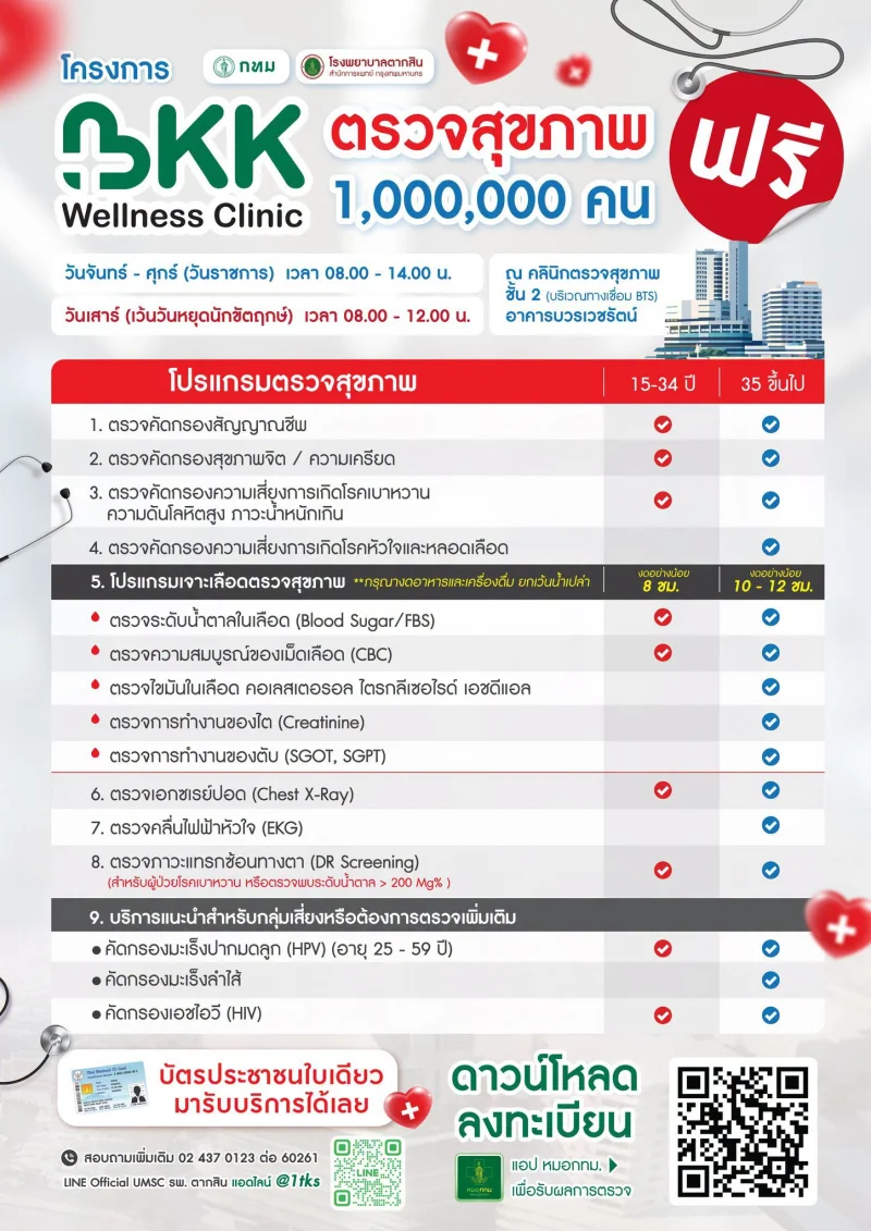 BKK Wellness Clinic อาคารบวรเวชรัตน์ โรงพยาบาลตากสิน กทม ชวนตรวจสุขภาพฟรี ที่ BKK Wellness Clinic 12 รพ.กทม. และคาราวานสุขภาพ