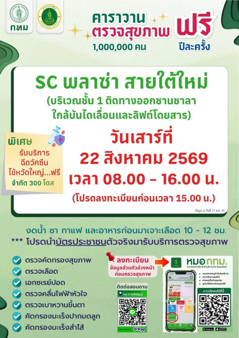 เสาร์ 22 สค 69 SC พลาซ่า สายใต้ใหม่ กทม ชวนตรวจสุขภาพฟรี ที่ BKK Wellness Clinic 12 รพ.กทม. และคาราวานสุขภาพ
