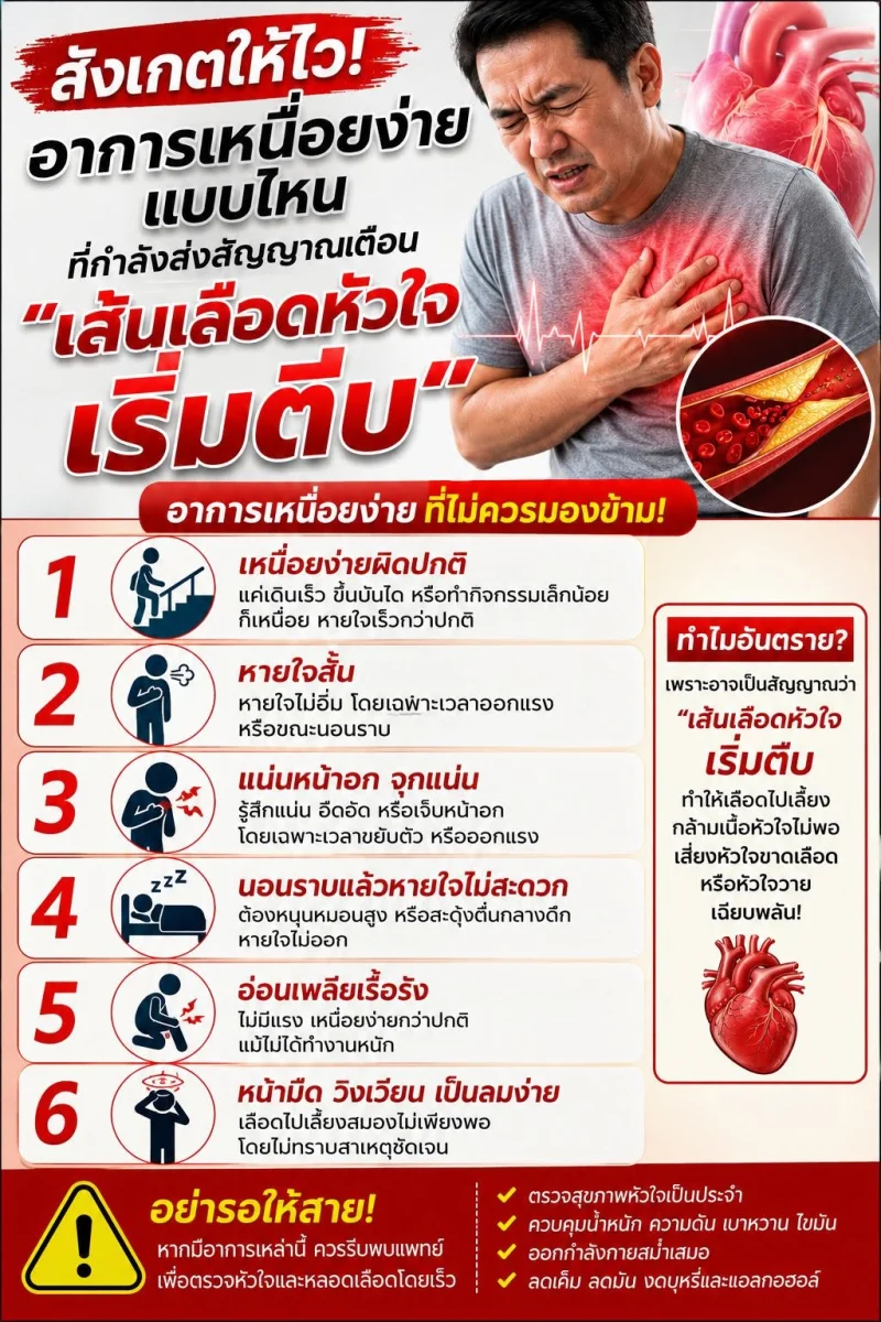 สังเกตให้ไว อาการเหนื่อยง่ายแบบไหนที่ส่งสัญญาณเตือน เส้นเลือดหัวใจเริ่มตีบ [Infographic] ส่องสัญญาณอาการ โรคหัวใจ เส้นเลือดหัวใจตีบ