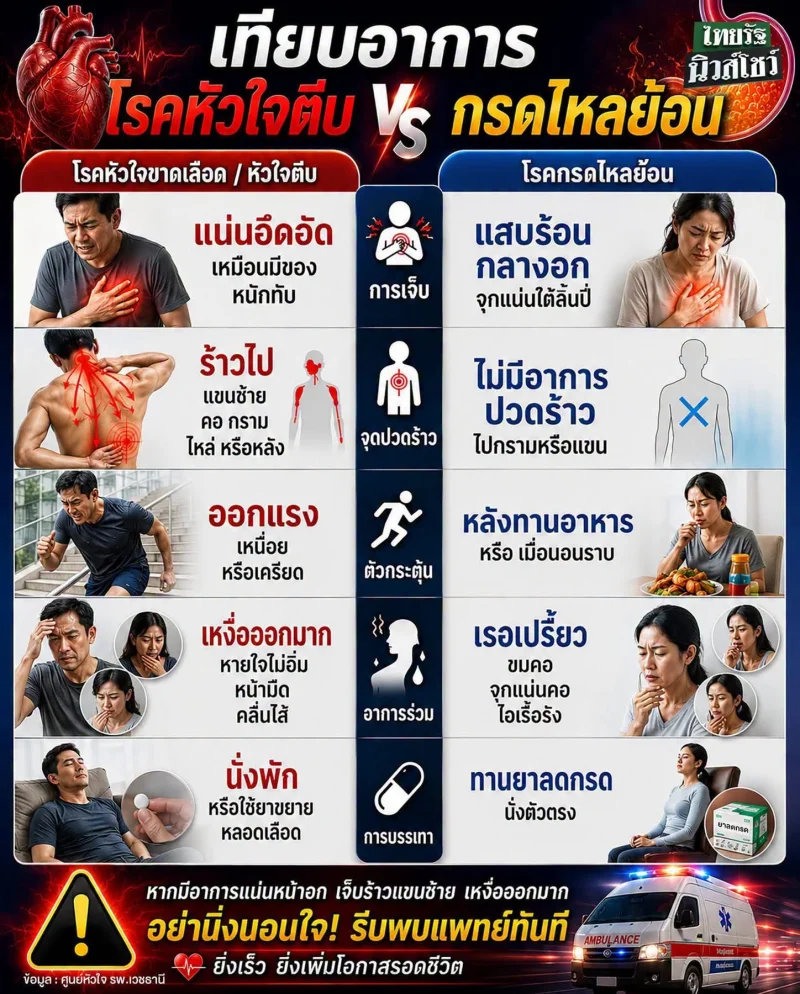 เทียบอาการโรคหัวใจตีบ vs กรดไหลย้อน [Infographic] ส่องสัญญาณอาการ โรคหัวใจ เส้นเลือดหัวใจตีบ