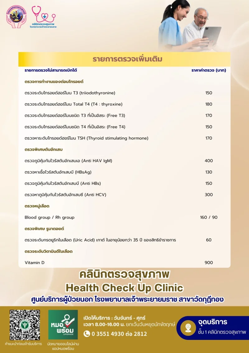 รายการตรวจเพิ่มเติม (เบิกไม่ได้ 2) รพ.เจ้าพระยายมราช : โปรแกรมตรวจสุขภาพ ประชาชน ข้าราชการ (ตามช่วงอายุ)