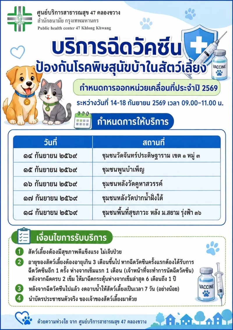ศูนย์บริการสาธารณสุข 47 คลองขวาง ภาษีเจริญ 50เขต กทม. ฉีดวัคซีนหมาแมวป้องกันพิษสุนัขบ้า ฟรี (กันยายน 2569)
