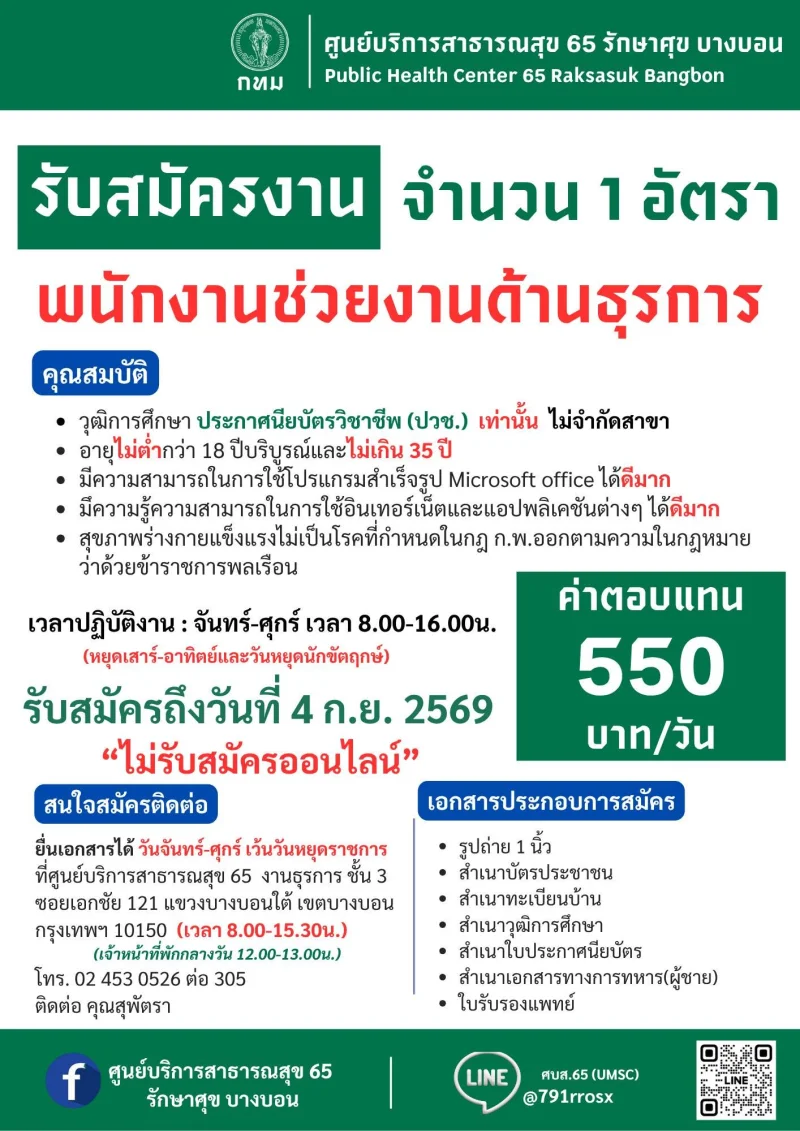 ศูนย์บริการสาธารณสุข 65 รักษาศุข บางบอน  ประกาศรับสมัครงาน รวมประกาศสมัครงานจาก รพ.กทม และ 69ศูนย์บริการสาธารณสุข