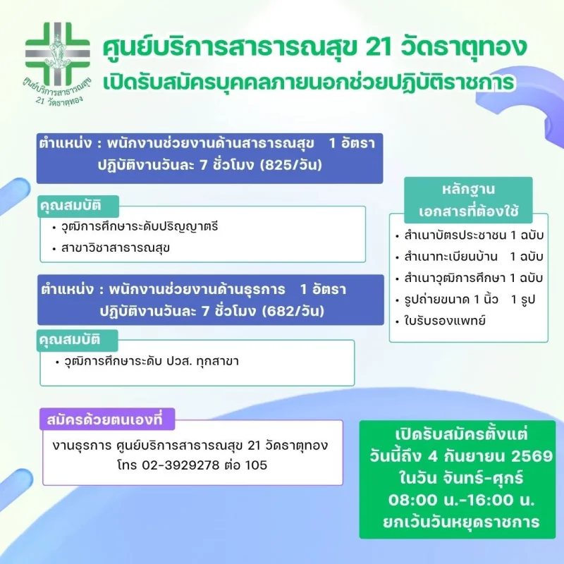 ศูนย์บริการสาธารณสุข 21 วัดธาตุทอง รับสมัครงาน รวมประกาศสมัครงานจาก รพ.กทม และ 69ศูนย์บริการสาธารณสุข