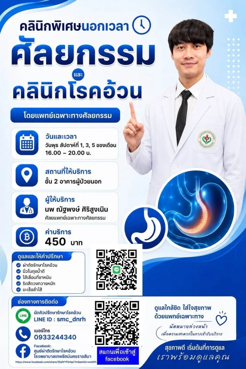 คลินิกผ่าตัดโรคอ้วน ศูนย์ผ่าตัดผ่านกล้องโรงพยาบาลเทพรัตน์นครราชสีมา รพ.เทพรัตน์นครราชสีมา : คลินิก SMC นอกเวลาราชการ