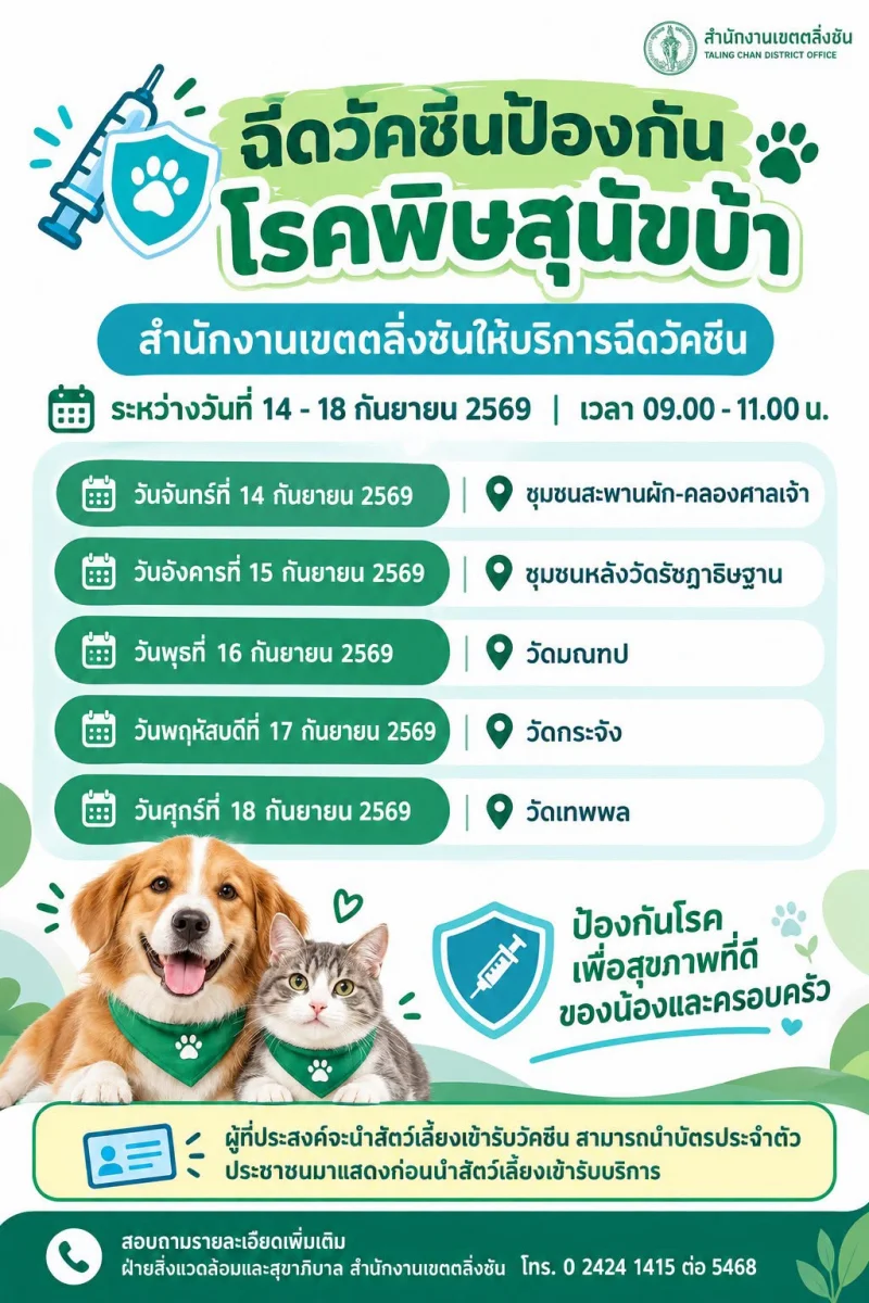 14–18 กันยายน 2569 เขตตลิ่งชัน ฉีดวัคซีนป้องกันโรคพิษสุนัขบ้า 50เขต กทม. ฉีดวัคซีนหมาแมวป้องกันพิษสุนัขบ้า ฟรี (กันยายน 2569)