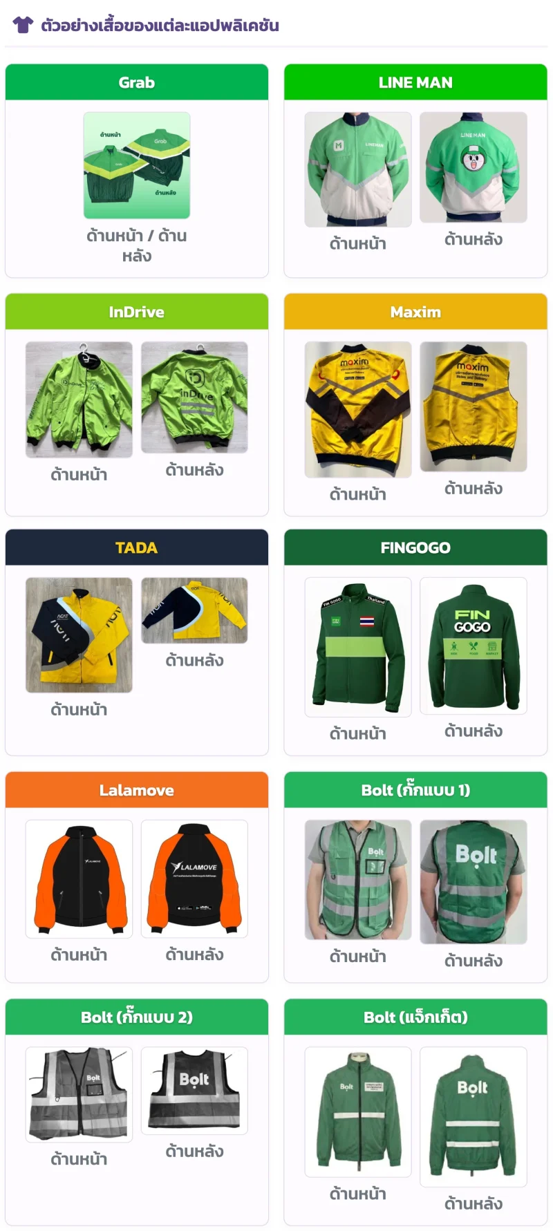 ตัวอย่างเสื้อแต่ละแอป เส้นตาย 30 กย 69 ผู้ขับรถรับจ้างผ่านแอป ต้องมีใบอนุญาต