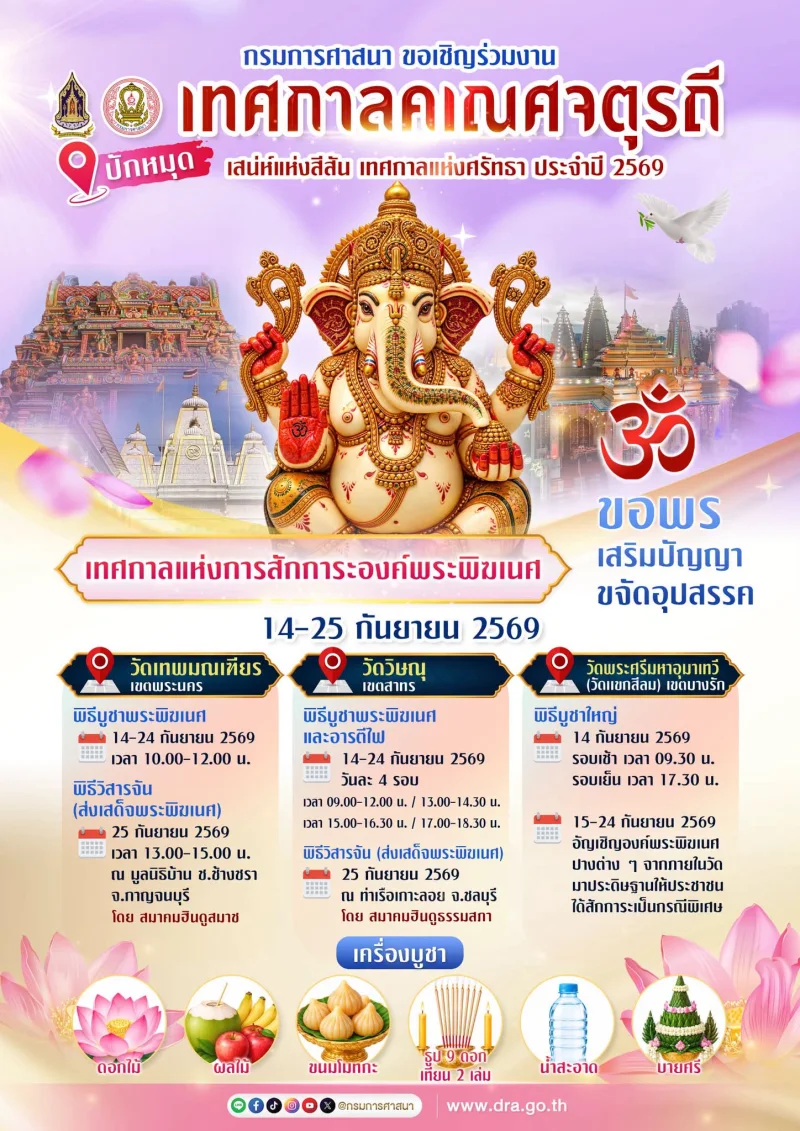 14–25 กันยายน 2569 เทศกาล “คเณศจตุรถี 2569” เปิดประตูสู่เทศกาลแห่งศรัทธา “สักการะองค์พระพิฆเนศ” ปฏิทินวันไหว้พระพิฆเนศ ปี 2569
