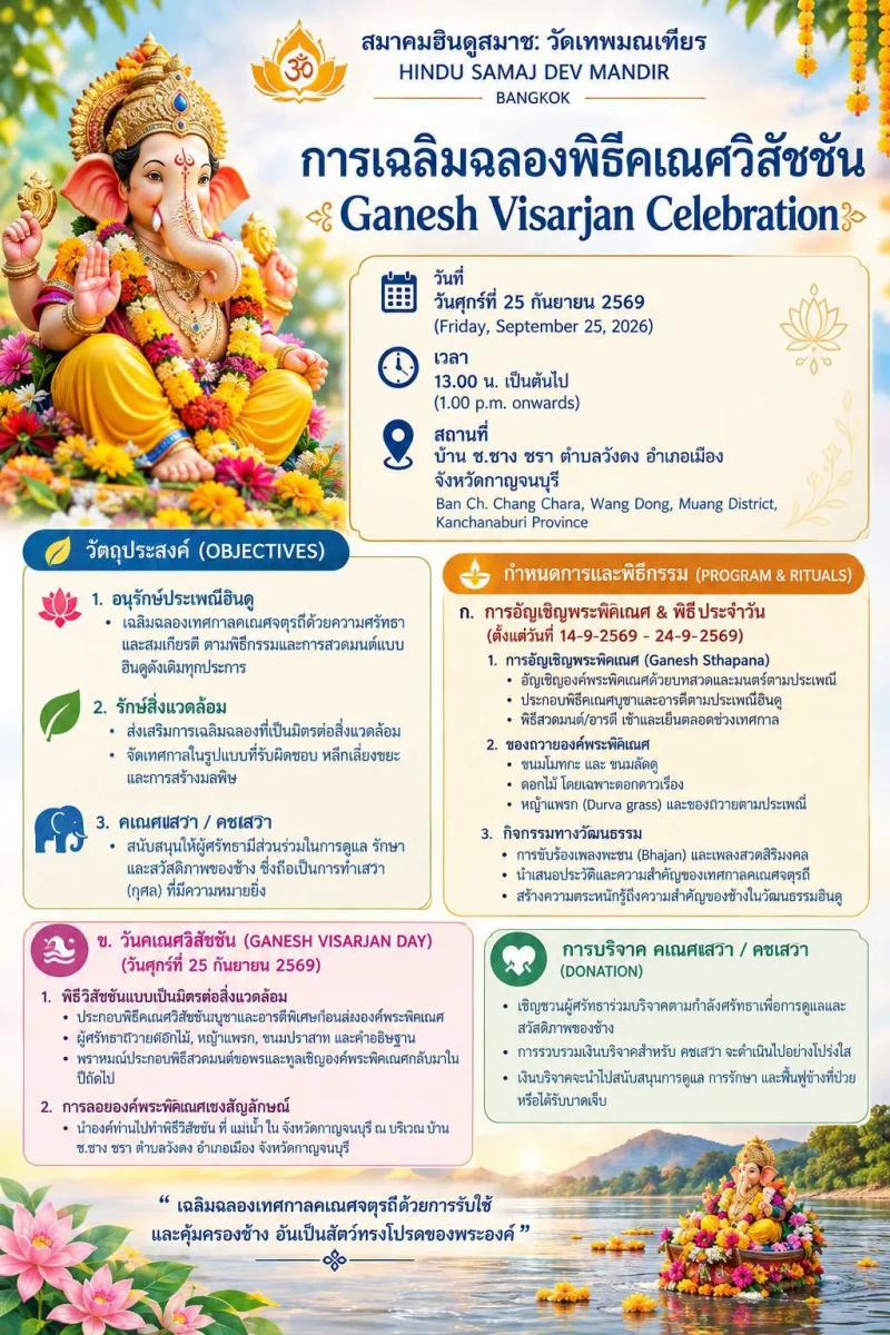 ศุกร์ 25 กันยายน 2569 การเฉลิมฉลองพิธีคเณศวิสัชชัน จ.กาญจนบุรี ปฏิทินวันไหว้พระพิฆเนศ ปี 2569