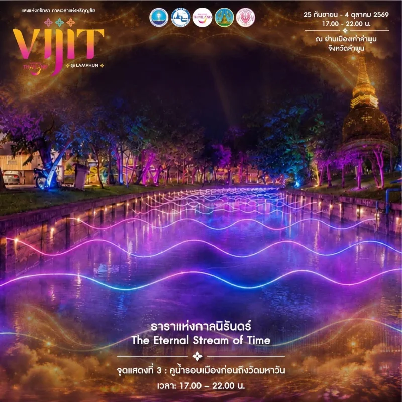 การแสดงจุดที่ 4 จัดแสดงภายใต้แนวคิด “ธาราแห่งกาลนิรันดร์ The Eternal Stream of Time” ลำพูนชวนชมงาน VIJIT Thailand @LAMPHUN แสงแห่งศรัทธา กาลเวลาแห่งหริภุญชัย