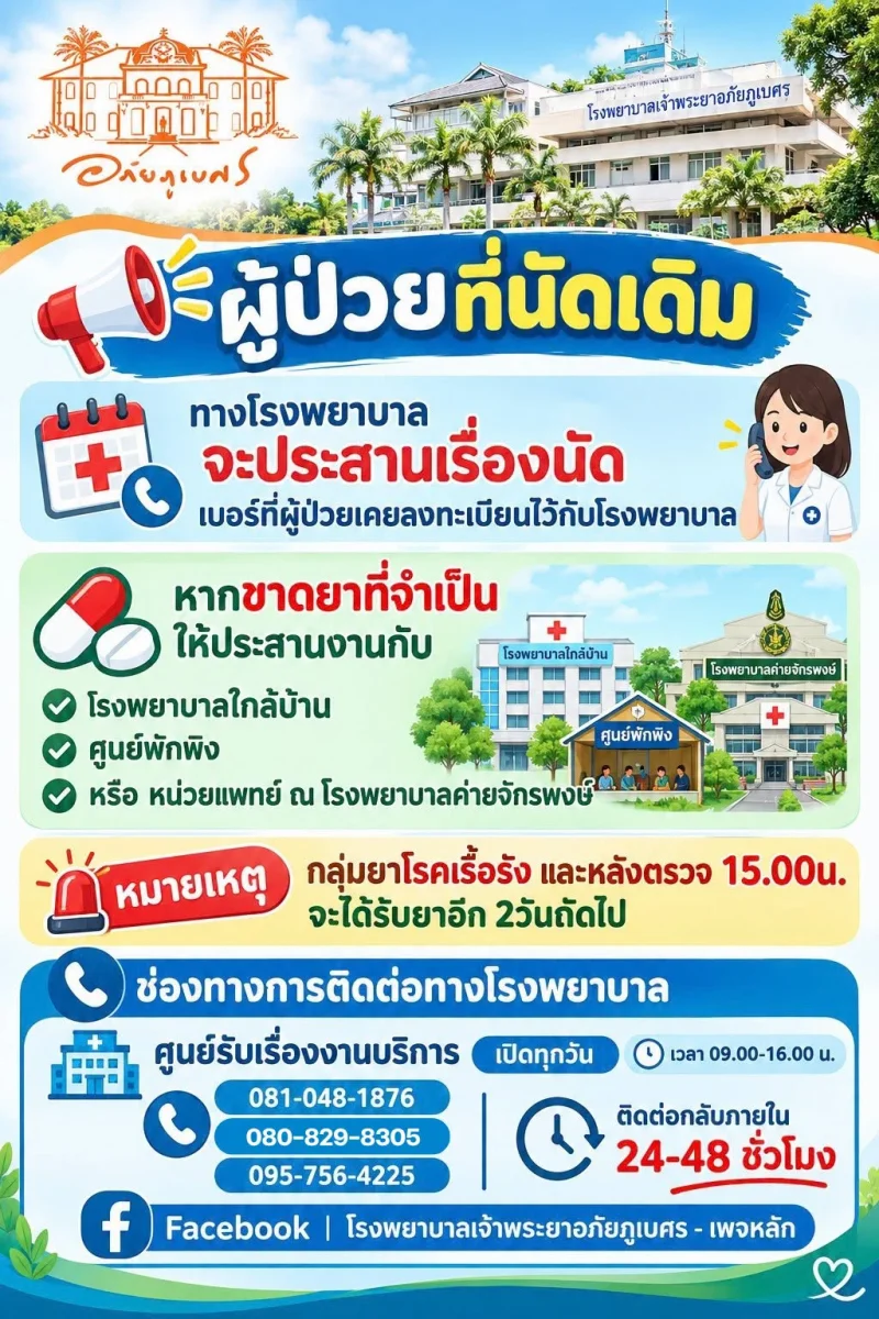 ผู้ป่วยที่มีนัดหมายเดิม กับรพ.เจ้าพระยาอภัยภูเบศร ให้รอติดต่อกลับภายหลัง รพ.เจ้าพระยาอภัยภูเบศร เปิดรพ.สนาม ณ รพ.ค่ายจักรพงษ์ ช่วยชาวปราจีนบุรีโดนน้ำท่วม