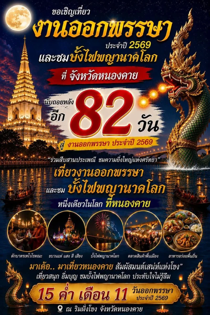 26 ตุลาคม 2569 เทศกาลออกพรรษาและบั้งไฟพญานาคโลก ประจำปี 2569 จังหวัดหนองคาย ปฏิทินเทศกาลท่องเที่ยวกิจกรรม จ.หนองคาย