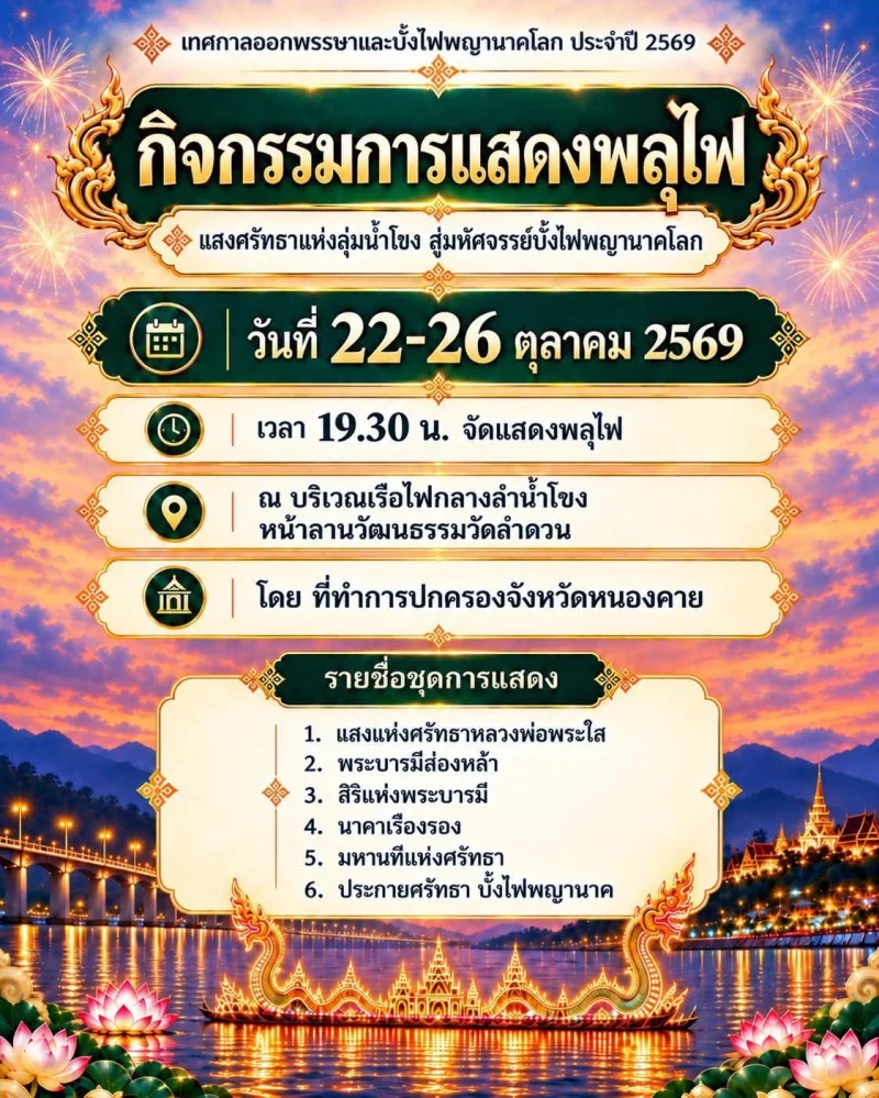 22–26 ตุลาคม 2569 การแสดงพลุไฟ - แสงศรัทธา แห่งลุ่มน้ำโขง สู่มหัศจรรย์ บั้งไฟพญานาคโลก ปฏิทินเทศกาลท่องเที่ยวกิจกรรม จ.หนองคาย