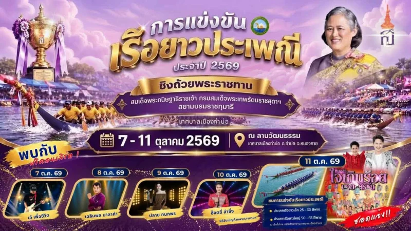 11 ตุลาคม 2569 การแข่งขันเรือยาวประเพณี ประจำปี 2569 ณ ลำน้ำโขง หลังสำนักงานเทศบาลเมืองท่าบ่อ ปฏิทินเทศกาลท่องเที่ยวกิจกรรม จ.หนองคาย