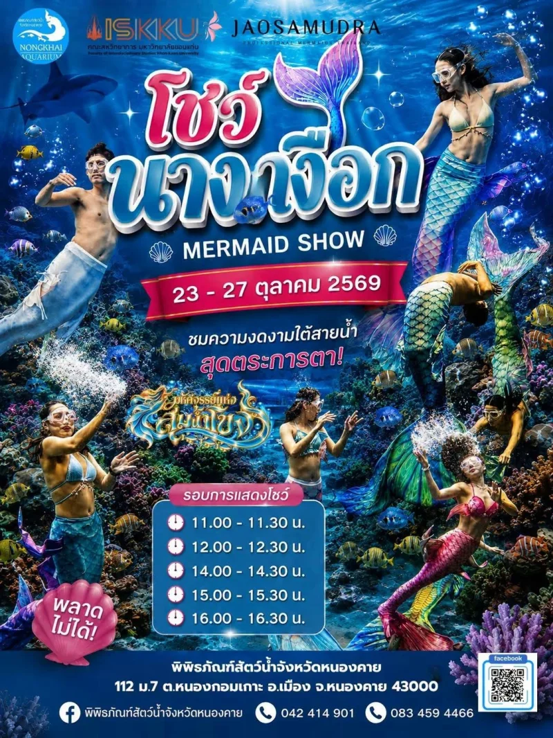 23–27 ตุลาคม 2569 โชว์นางเงือก MERMAID SHOW พิพิธภัณฑ์สัตว์น้ำจังหวัดหนองคาย ปฏิทินเทศกาลท่องเที่ยวกิจกรรม จ.หนองคาย