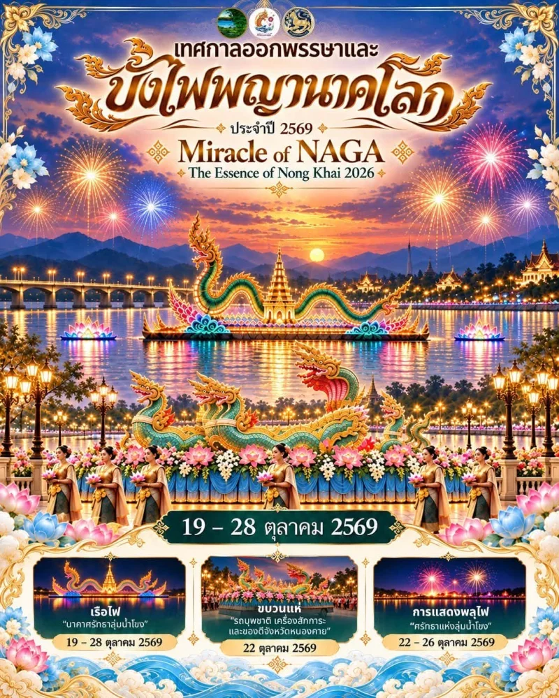 19-28 ตุลาคม 2569 กิจกรรมงานออกพรรษาบั้งไฟพญานาคโลก 2569 ปฏิทินเทศกาลท่องเที่ยวกิจกรรม จ.หนองคาย