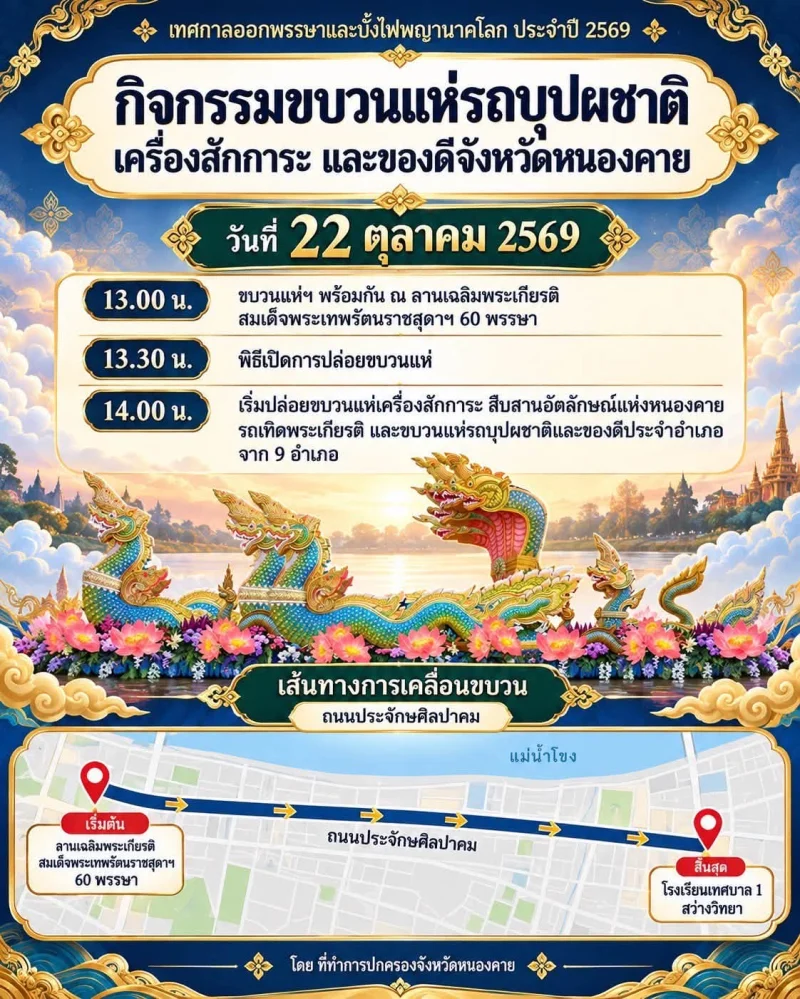 22 ตุลาคม 2569 กิจกรรมรถแห่บุปผาชาติ ในงานออกพรรษาบั้งไฟพญานาคโลก 2569 ปฏิทินเทศกาลท่องเที่ยวกิจกรรม จ.หนองคาย