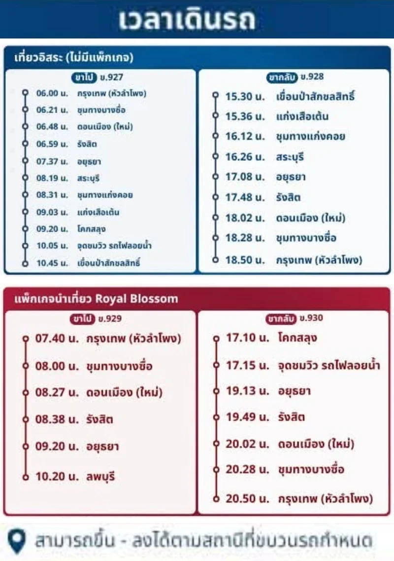 เวลาเดินรถ โปรแกรม รถไฟลอยน้ำ เขื่อนป่าสักชลสิทธิ์ ฤดูกาล 2569 - 2570 สำรองที่นั่งด่วน