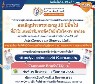 ราชวิทยาลัยจุฬาภรณ์ เชิญประชาชนอายุ 18 ปีขึ้นไป ลงทะเบียนรับวัคซีนหลัก AstraZeneca และ Sinovac (เข็มที่ 1) นัดฉีดวันที่ 19 ส.ค.-3 ก.ย.64 HealthServ.net