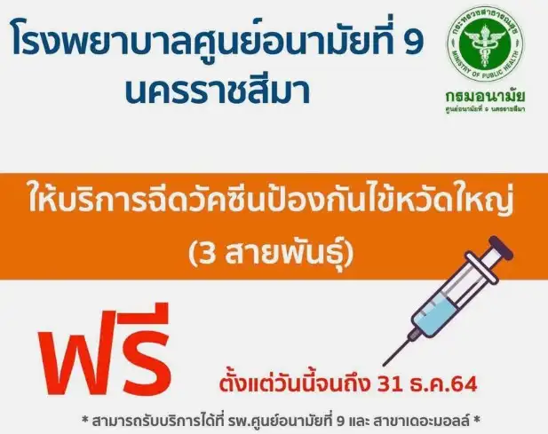 รพ.ศูนย์อนามัยที่ 9 นครราชสีมา เปิดให้บริการฉีดวัคซีนป้องกันไข้หวัดใหญ่ 3 สายพันธุ์ ฟรี HealthServ.net