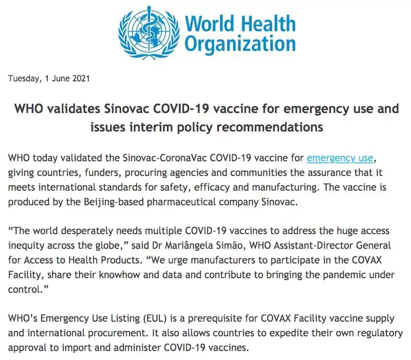 องค์การอนามัยโลก (WHO) อนุมัติวัคซีนซิโนแวคของจีน การใช้งานในกรณีฉุกเฉินแล้ว HealthServ