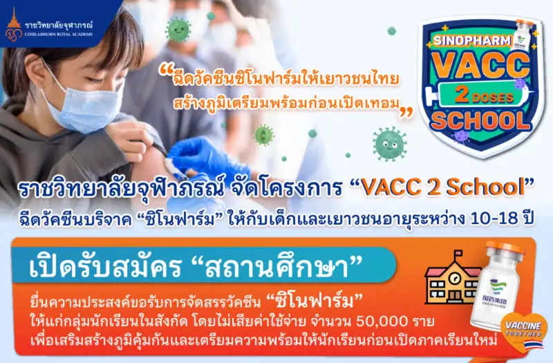 VACC 2 School โครงการนำร่องฉีดวัคซีนบริจาค ซิโนฟาร์ม ให้กับเด็กและเยาวชนอายุระหว่าง 10-18 ปี โดยราชวิทยาลัยจุฬาภรณ์ HealthServ