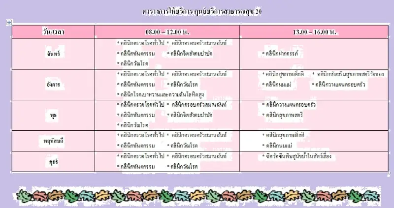 ตารางการให้บริการ ศูนย์บริการสาธารณสุข 20 บมจ.นครหลวงไทย วัดเทพศิรินทร์ HealthServ